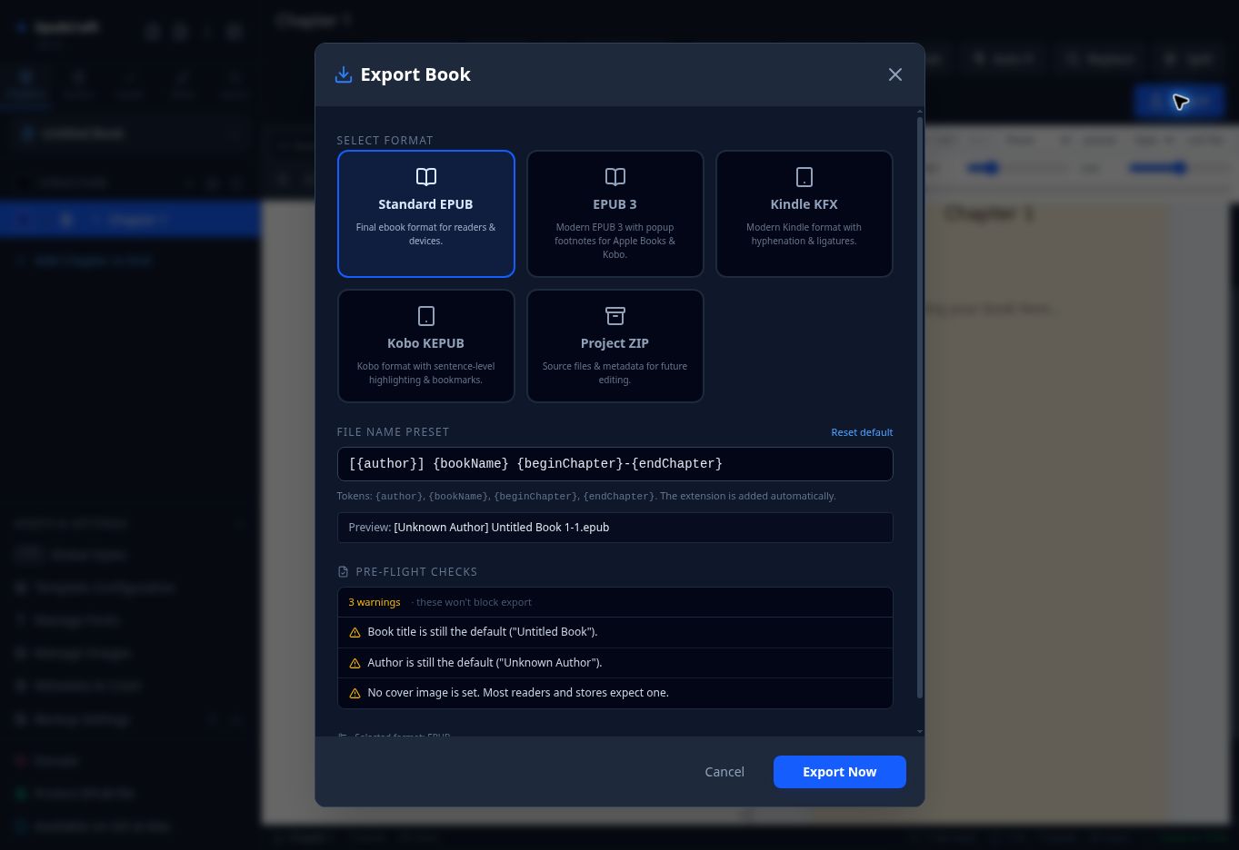 หน้าต่าง Export Book พร้อมรูปแบบไฟล์ Filename Preset และ Pre-flight