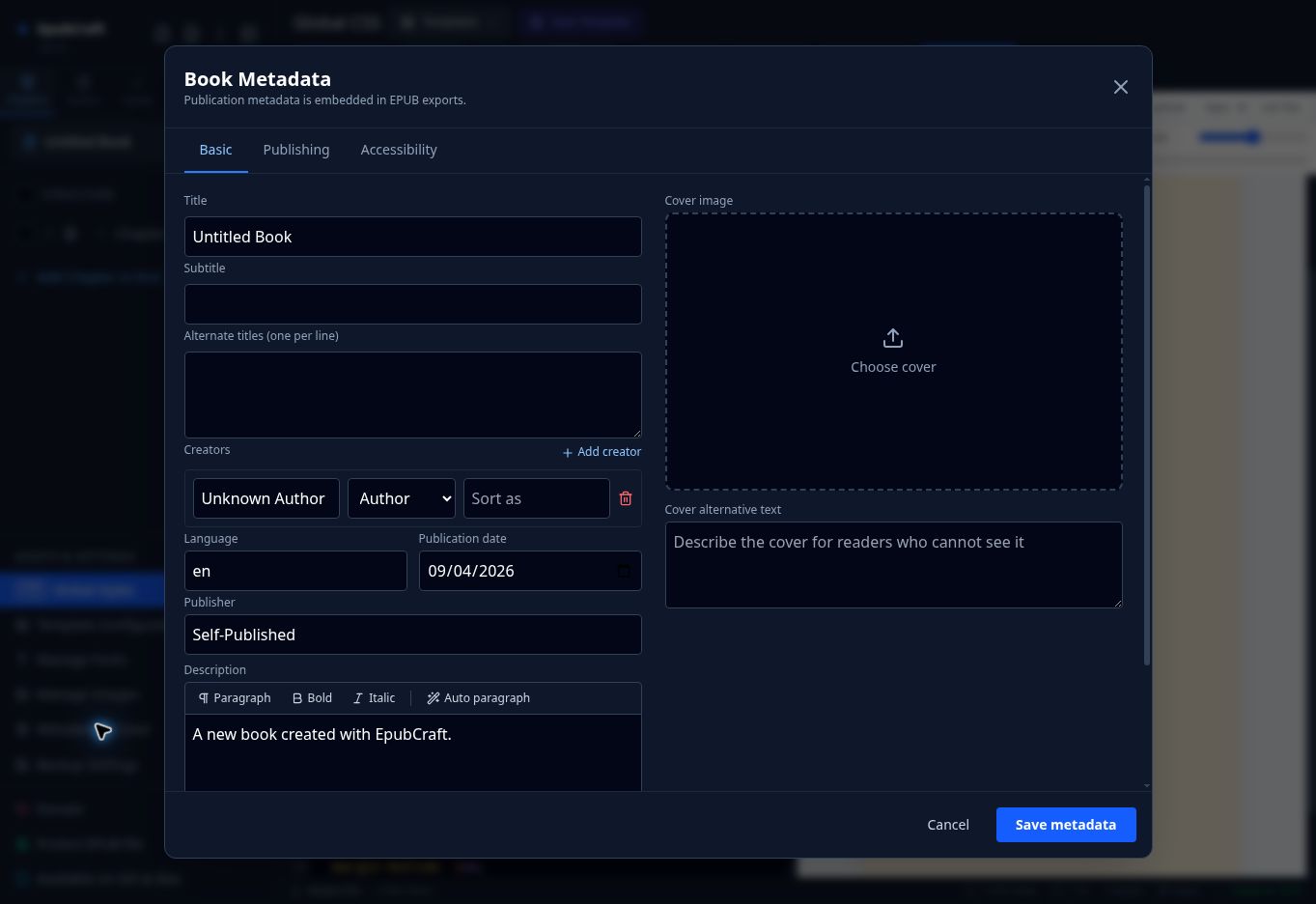 หน้าต่าง Book Metadata ที่เลือกแท็บ Basic