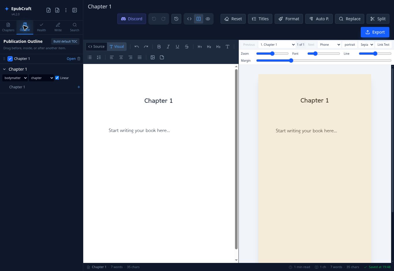 แท็บ Outline แสดง Publication Outline และการกำหนดประเภทบท