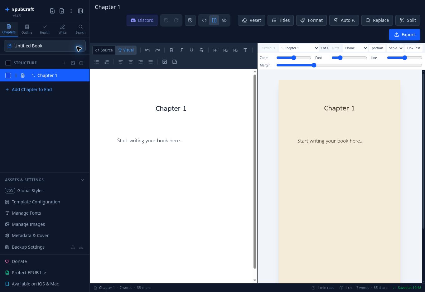 หน้าพรีวิว EpubCraft ที่เลือก Phone และ Sepia แล้ว