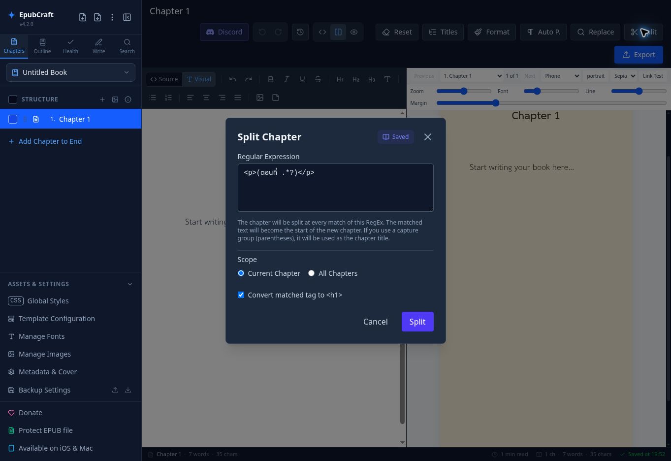 หน้าต่าง Split Chapter ด้วย Regex