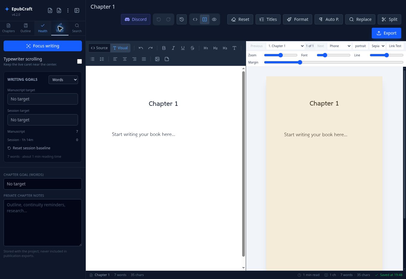 แท็บ Write แสดง Writing Tools และเป้าหมายจำนวนคำ